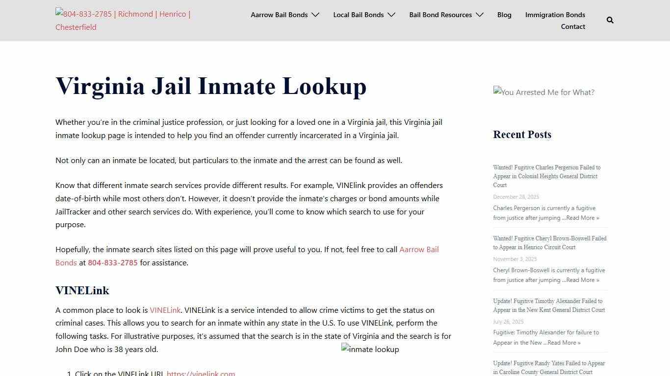 Virginia Jail Inmate Lookup - 804-833-2785 | Richmond | Henrico | Chesterfield Aarrow Bail Bonds